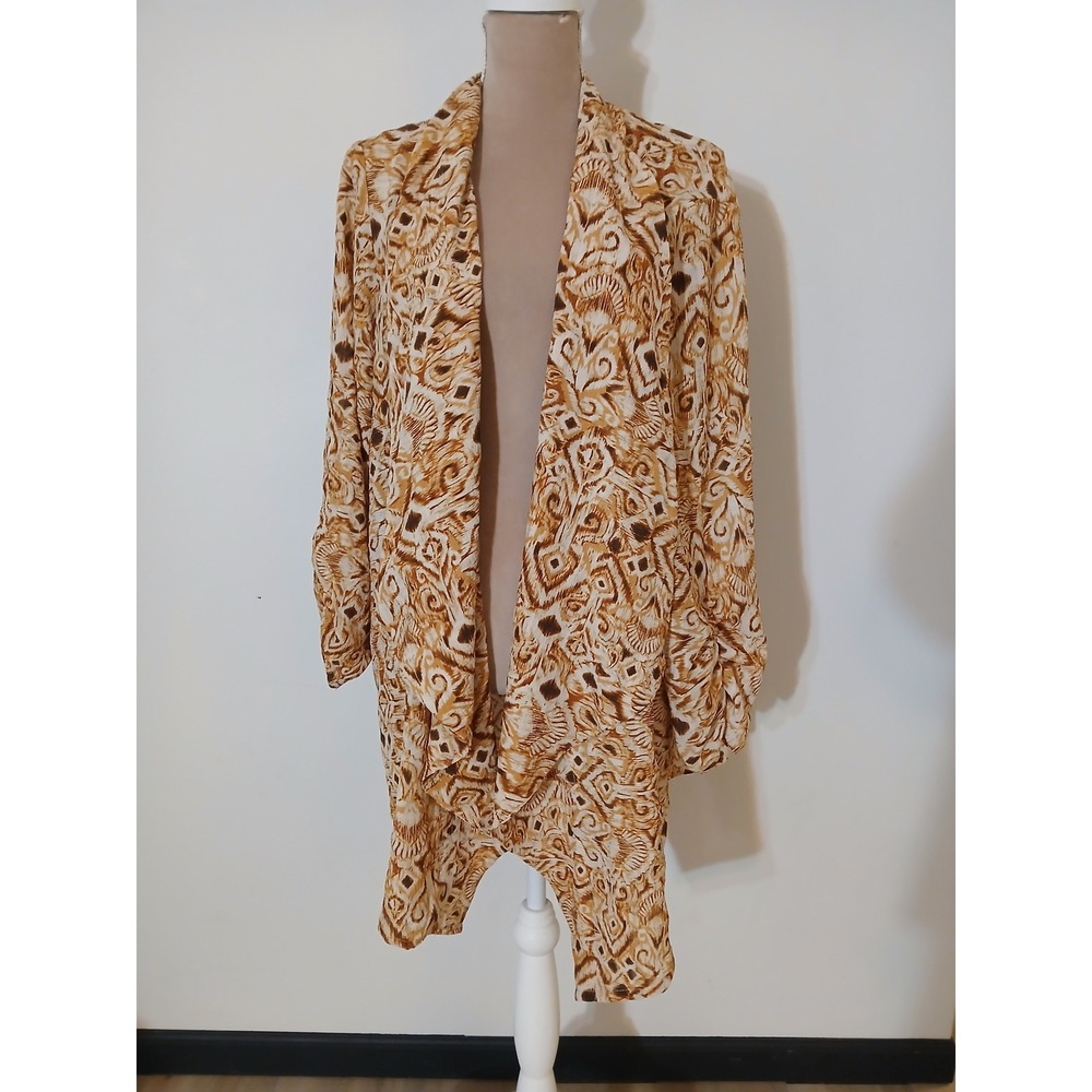 Susan Graver 3x Tan Brown Ikat Print Open Front Draped Cardigan Ruched Sleeve